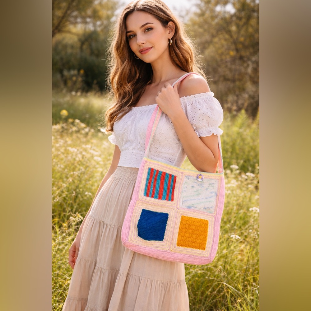 Handmade Crochet Patchwork Shoulder Bag Pastel Cottagecore Granny Square Tote